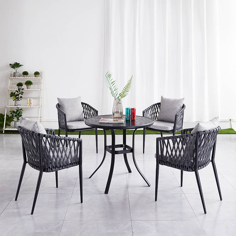 Bộ bàn ghế sân vườn 4 ghế dây đan caro, nệm ghi, nhìn ngang
