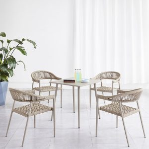 Bộ bàn ghế sân vườn nhôm đan dây nhỏ, kiểu dáng thanh lịch, không kèm nệm, 4 ghế 1 bàn vuông