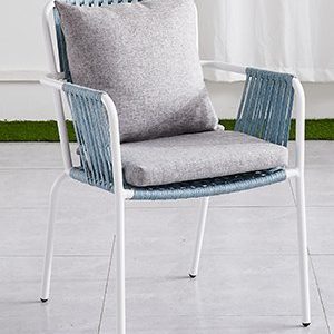 Ghế sân vườn khung nhôm trắng, dây rope xanh ghi, có nệm ngồi và gối tựa màu ghi