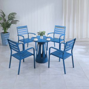 Bộ bàn ghế ngoài trời nhôm 4 ghế xanh dương, bàn tròn xanh dương đồng bộ, thiết kế tối giản