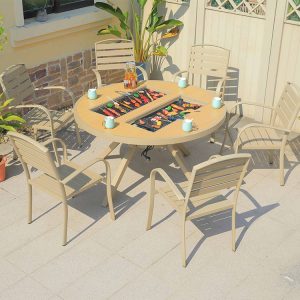 Bộ bàn tròn BBQ ngoài trời với 6 ghế nan nhôm, phù hợp không gian sân vườn nhà hàng
