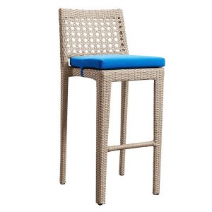 Ghế bar ngoài trời giả mây lưng thấp, nệm xanh dương, kiểu dáng đơn giản