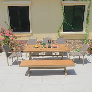 Bộ bàn ăn ngoài trời 7 món, ghế lưới màu ghi, mặt bàn vân gỗ, phù hợp ban công, sân vườn
