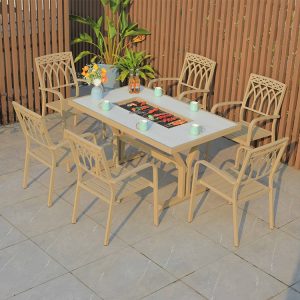 Bộ bàn ghế sân vườn 6 ghế nhôm đúc hoa văn caro, bàn chữ nhật mặt vân đá