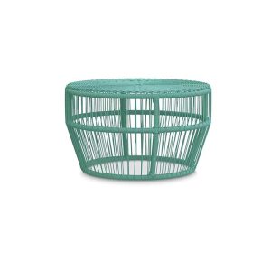 Bàn trà tròn dây nhựa giả mây màu xanh ngọc, thiết kế thoáng, phù hợp sân vườn