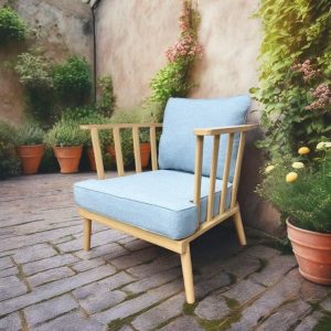 Ghế đơn sofa sân vườn, khung nhôm giả gỗ, nệm xanh dương, phong cách Bắc Âu