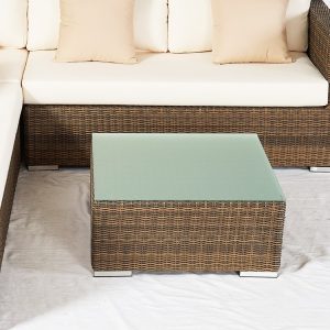 Bàn trà vuông mặt kính cường lực, khung nhựa giả mây đồng bộ sofa
