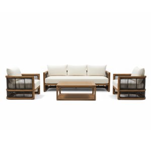 Bộ sofa sân vườn gỗ teak 4 món, nệm kem, chụp chính diện nền trắng, hiện đại