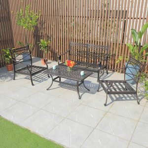 Bộ sofa sân vườn nhôm đúc không nệm, thể hiện rõ thiết kế khung và mặt bàn