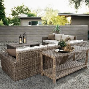 Bộ sofa sân vườn giả mây với bàn phụ lớn, thiết kế hiện đại, phù hợp sân vườn biệt thự