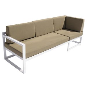 Sofa ngoài trời khung nhôm trắng, nệm dày màu nâu be, phong cách hiện đại