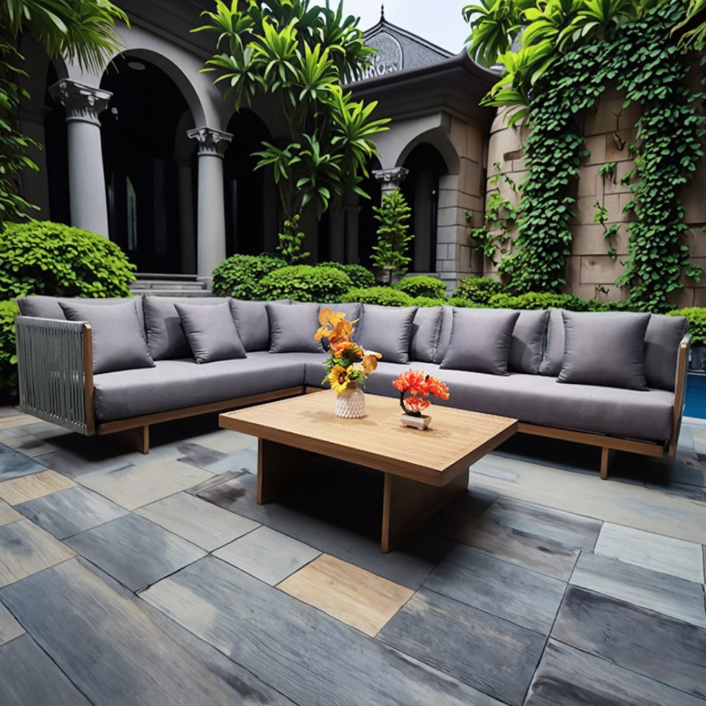 Bộ sofa sân vườn góc L, nệm ghi xám, bàn trà gỗ vuông, phong cách hiện đại, không gian biệt thự