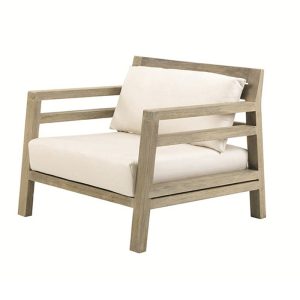 Ghế đơn ngoài trời khung gỗ teak, nệm trắng kem, thiết kế tối giản