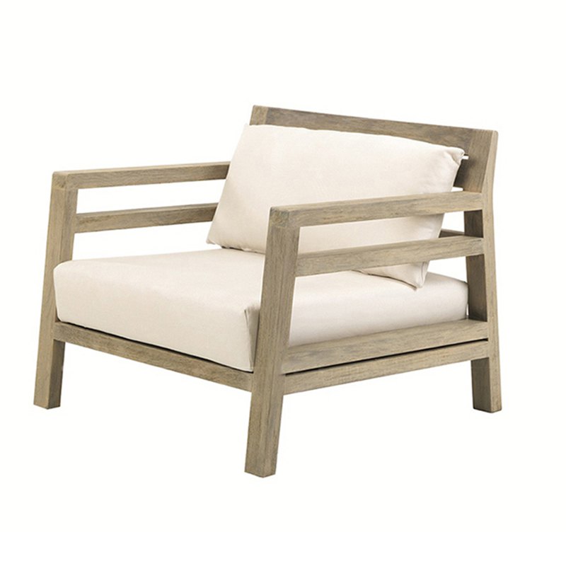Ghế đơn ngoài trời khung gỗ teak, nệm trắng kem, thiết kế tối giản