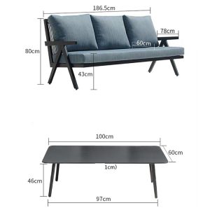 Kích thước thực tế bộ sofa sân vườn: sofa 186.5x80x78cm, bàn trà 100x60x46cm, phù hợp 4-5 người