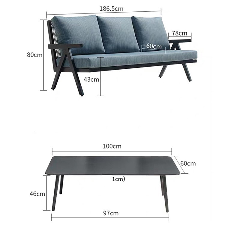 Kích thước thực tế bộ sofa sân vườn: sofa 186.5x80x78cm, bàn trà 100x60x46cm, phù hợp 4-5 người
