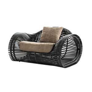 Ghế sofa đơn ngoài trời khung nhôm đan dây PE, nệm dày màu ghi, phong cách hiện đại.