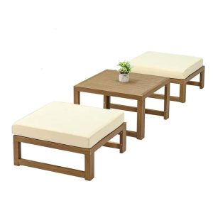 Bàn trà vuông và ghế đôn sofa sân vườn gỗ teak nệm kem