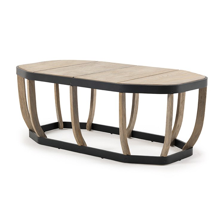 Bàn trà ngoài trời mặt gỗ teak, khung nhôm phối gỗ, kiểu dáng độc đáo