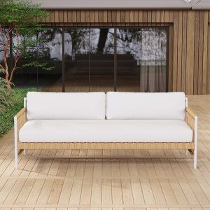 Sofa dài ngoài trời, khung nhôm trắng, đan dây rope vàng nhạt, nệm trắng sang trọng