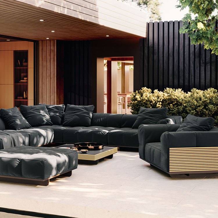 Bộ sofa sân vườn đặt ngoài trời, khung nan gỗ sang trọng, nệm dày, phù hợp biệt thự villa