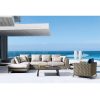 Bộ sofa sân vườn cao cấp dạng L, ghế đơn, bàn trà gỗ, đan rope hiện đại, đặt cạnh hồ bơi sang trọng.