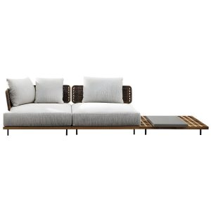 Sofa ngoài trời khung gỗ teak, đan mây nâu, nệm trắng, bàn phụ nan gỗ mặt kính