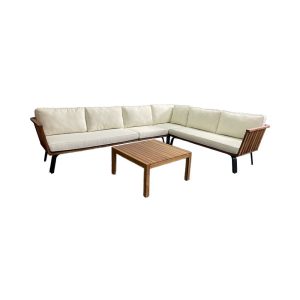 Bộ sofa góc L ngoài trời khung gỗ teak, nệm kem, bàn trà vuông, nền trắng tách nền