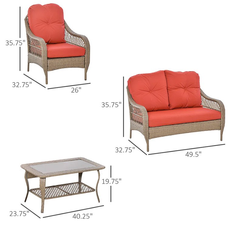 Kích thước chi tiết bộ sofa sân vườn: ghế đơn, sofa đôi, bàn trà