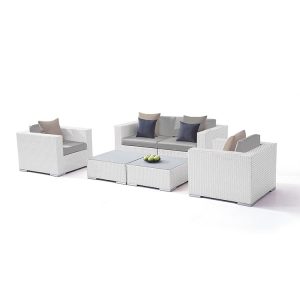 Bộ sofa sân vườn hiện đại 4 món, khung nhôm giả mây, nệm và gối phối màu xám