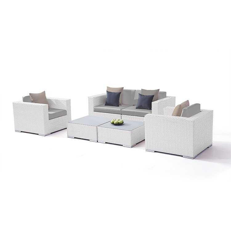 Bộ sofa sân vườn hiện đại 4 món, khung nhôm giả mây, nệm và gối phối màu xám