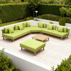 Bộ sofa ngoài trời góc L màu xanh lá kê ở sân vườn, khung nhôm sơn giả gỗ, phong cách tối giản