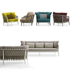 Bộ sofa sân vườn khung nhôm, đan dây rope, nệm xám, phối cảnh đủ bộ