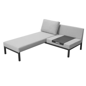 Ghế sofa góc L ngoài trời, khung nhôm, nệm xám, bàn phụ nhỏ