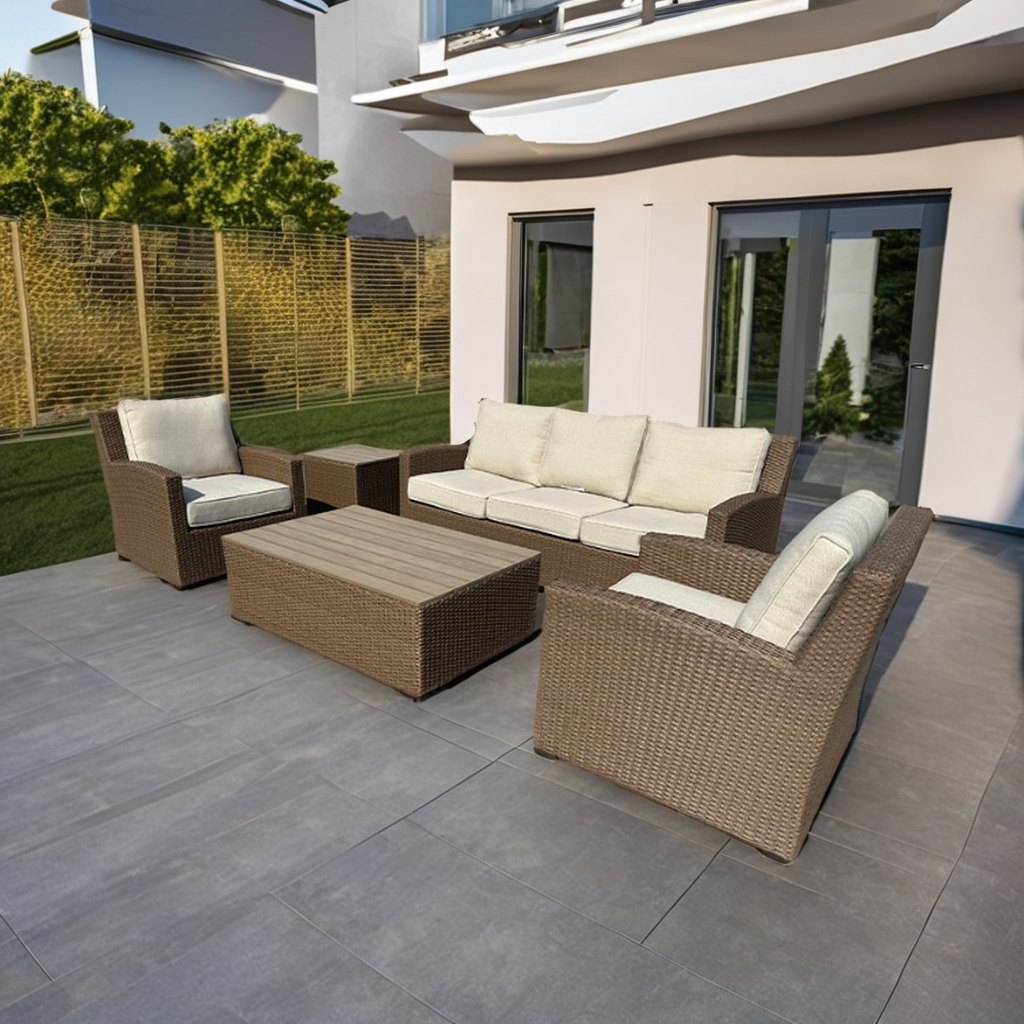 Bộ sofa giả mây ngoài trời, bàn trà mặt gỗ, thiết kế hiện đại, phù hợp biệt thự