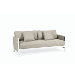 Sofa đôi ngoài trời khung nhôm trắng, nệm ghi sáng, thiết kế hiện đại tối giản