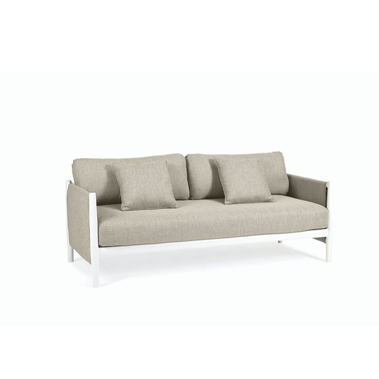 Sofa đôi ngoài trời khung nhôm trắng, nệm ghi sáng, thiết kế hiện đại tối giản