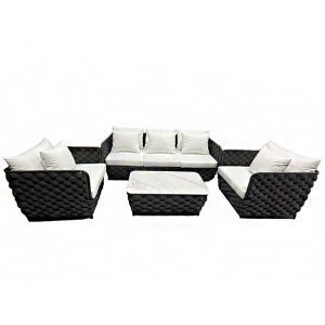 Ảnh sản phẩm bộ sofa sân vườn 4 món trên nền trắng, rõ chi tiết đan dây và nệm trắng