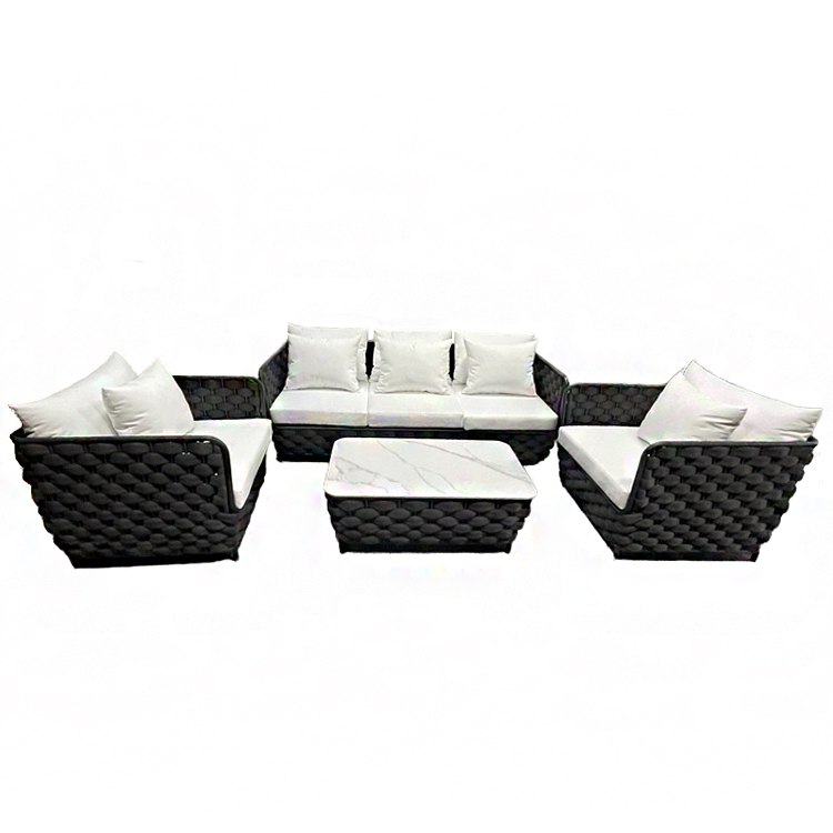 Ảnh sản phẩm bộ sofa sân vườn 4 món trên nền trắng, rõ chi tiết đan dây và nệm trắng