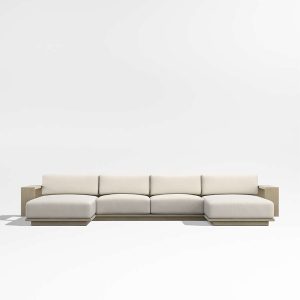Sofa góc L ngoài trời khung gỗ teak, nệm trắng kem, thiết kế hiện đại tối giản