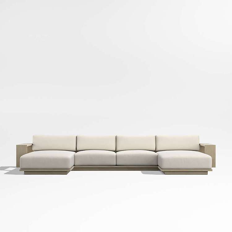 Sofa góc L ngoài trời khung gỗ teak, nệm trắng kem, thiết kế hiện đại tối giản