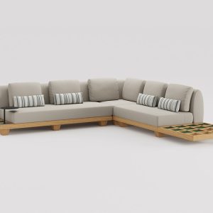 Bộ sofa góc L module ngoài trời, khung gỗ, nệm dày, gối sọc, thiết kế linh hoạt