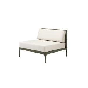 Ghế đơn sofa ngoài trời, khung nhôm, đan giả mây, nệm trắng kem, phong cách hiện đại
