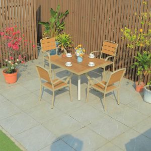 Bộ bàn ghế sân vườn nhôm giả gỗ, ghế tựa lưng thanh ngang, phù hợp sân vườn, quán cafe