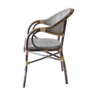 Ghế bistro ngoài trời nhìn ngang, khung nhôm giả tre, đan dây nhựa mây phong cách vintage