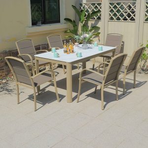 Bộ bàn ghế ngoài trời 6 ghế textilene màu be, bàn kính trắng, thiết kế sang trọng