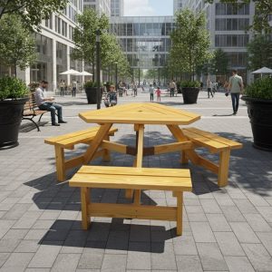 Bộ bàn ghế picnic ngoài trời lục giác gỗ tự nhiên, đặt tại quảng trường, phù hợp không gian công cộng