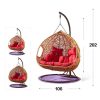 Xích đu đôi ngoài trời màu vàng nâu, dây nhựa giả mây, nệm đỏ, kích thước 106x202cm