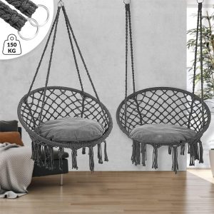 Ghế xích đu treo màu đen, nệm ghi, chịu lực 150kg, phù hợp không gian phòng khách hoặc ban công