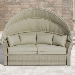 Sofa ngoài trời 3-4 chỗ, nệm be, mái che, chất liệu nhựa giả mây